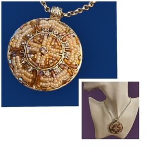 Vtg BEST Pastel Pink Beaded Circle Mandala Pendant Chain Necklace